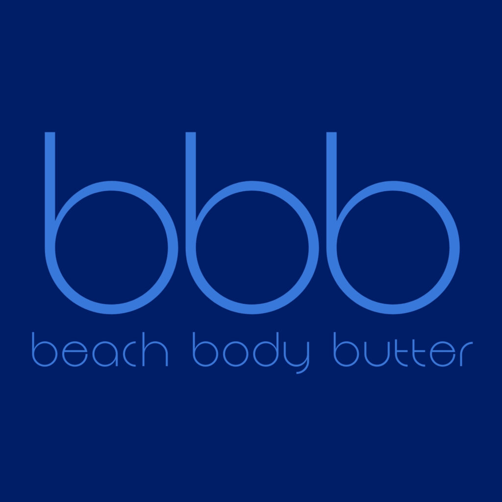 light blue bbb over beach body butter over a dark blue background