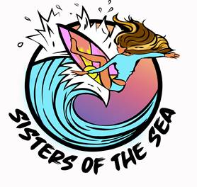 woman on a surfboard riding a lube wave cradled in the words Sisters of the Sea