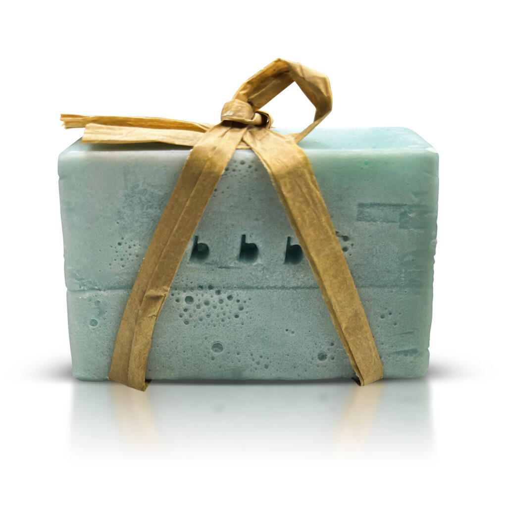 blue bbb stamped soap with paper tie